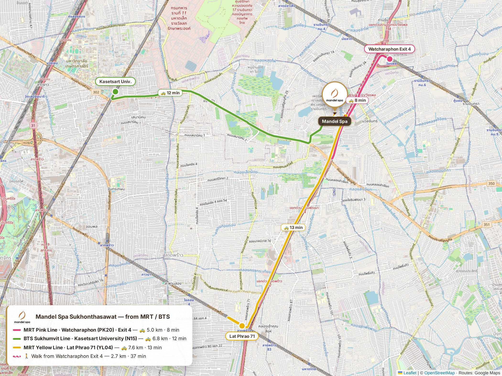 Route map from MRT Watcharaphon (Exit 4), BTS Kasetsart University and MRT Lat Phrao 71 to Mandel Spa Sukhonthasawat